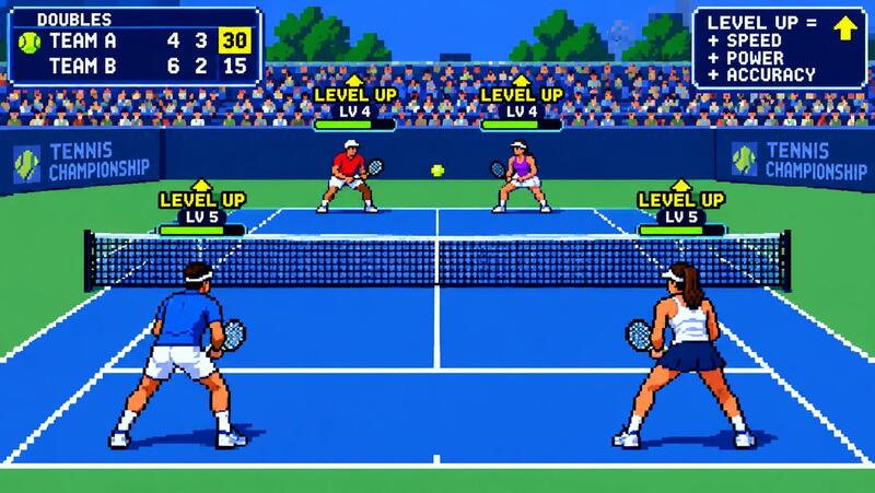 Pixel-art tennis game with level-up icons